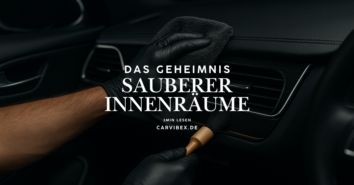 Auto-Innenraum reinigen – Hand wischt mit Mikrofasertuch über Lenkrad, Blogtitel ‚Das Geheimnis sauberer Innenräume: Diese Fehler machen fast alle
