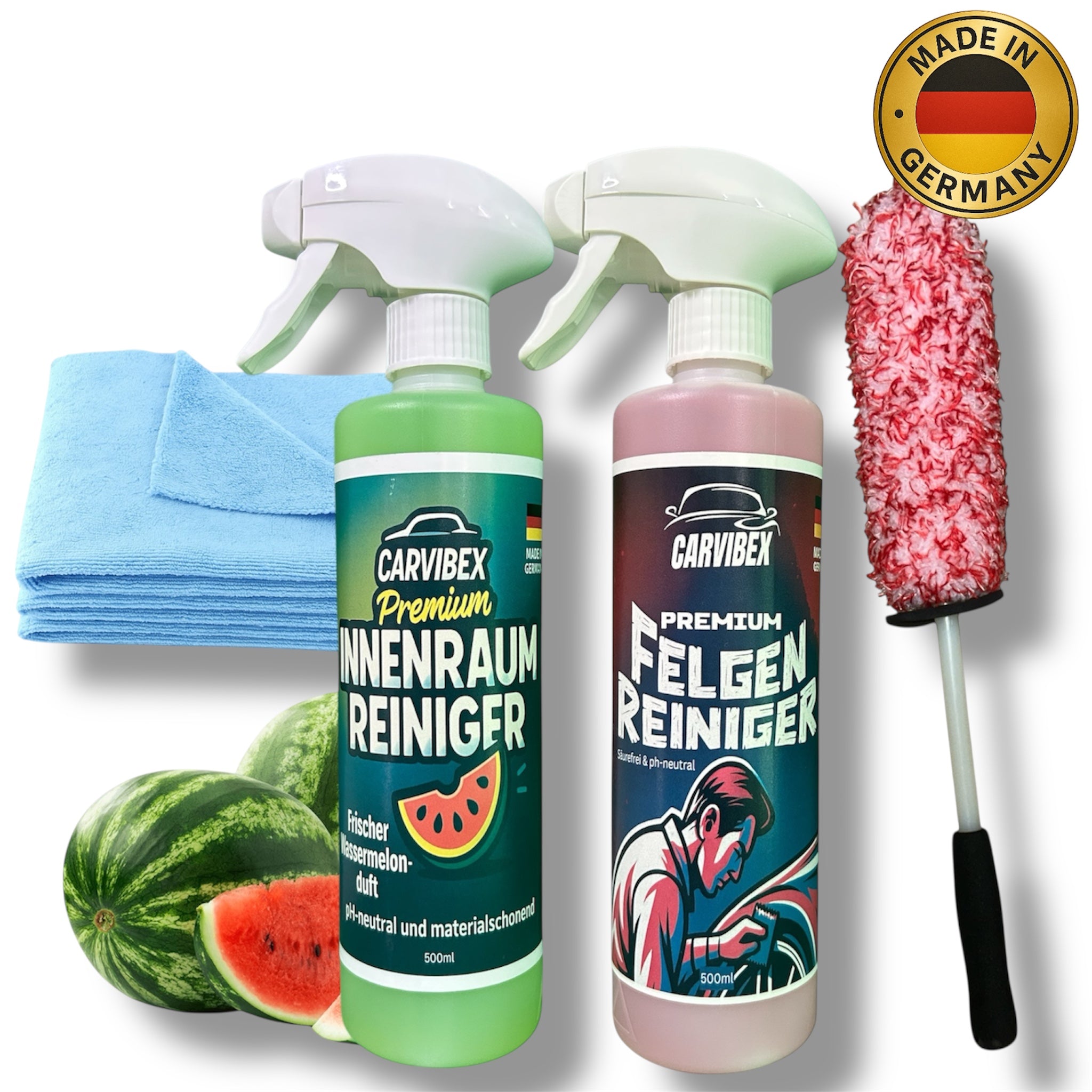 CarVibeX Autopflege Set – Innenraumreiniger, Felgenreiniger, Felgenbürste und 3 Mikrofasertücher – Premium Autopflege Made in Germany