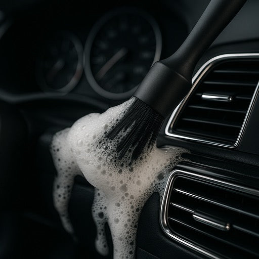 CarVibeX Detailing Pinsel im Einsatz – Reinigung von Lüftungsschlitzen mit Schaum, perfekt für Auto-Innenraum
