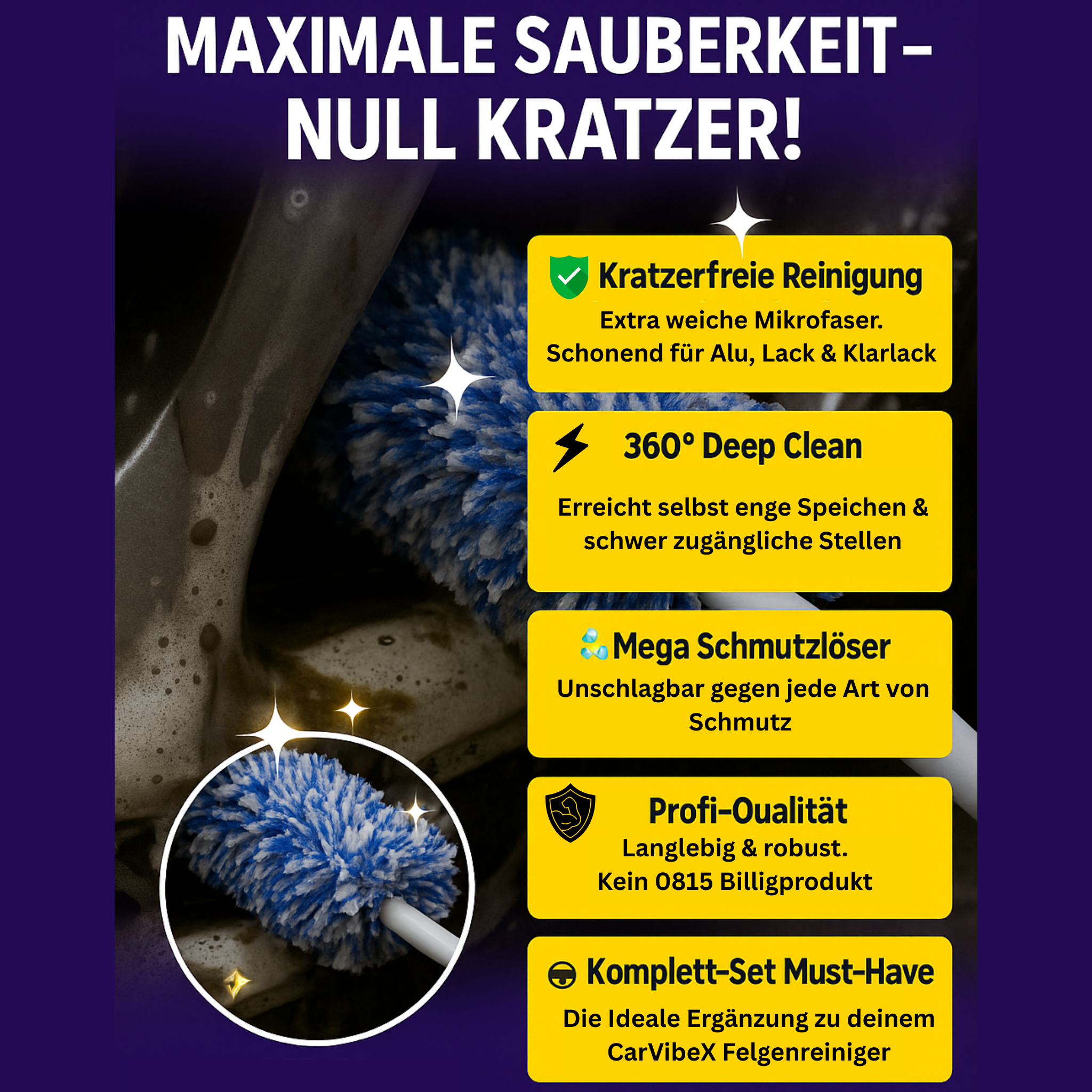 CarVibeX Felgenreiniger sorgt für maximale Sauberkeit ohne Kratzer – sicher für Alufelgen und lackierte Oberflächen