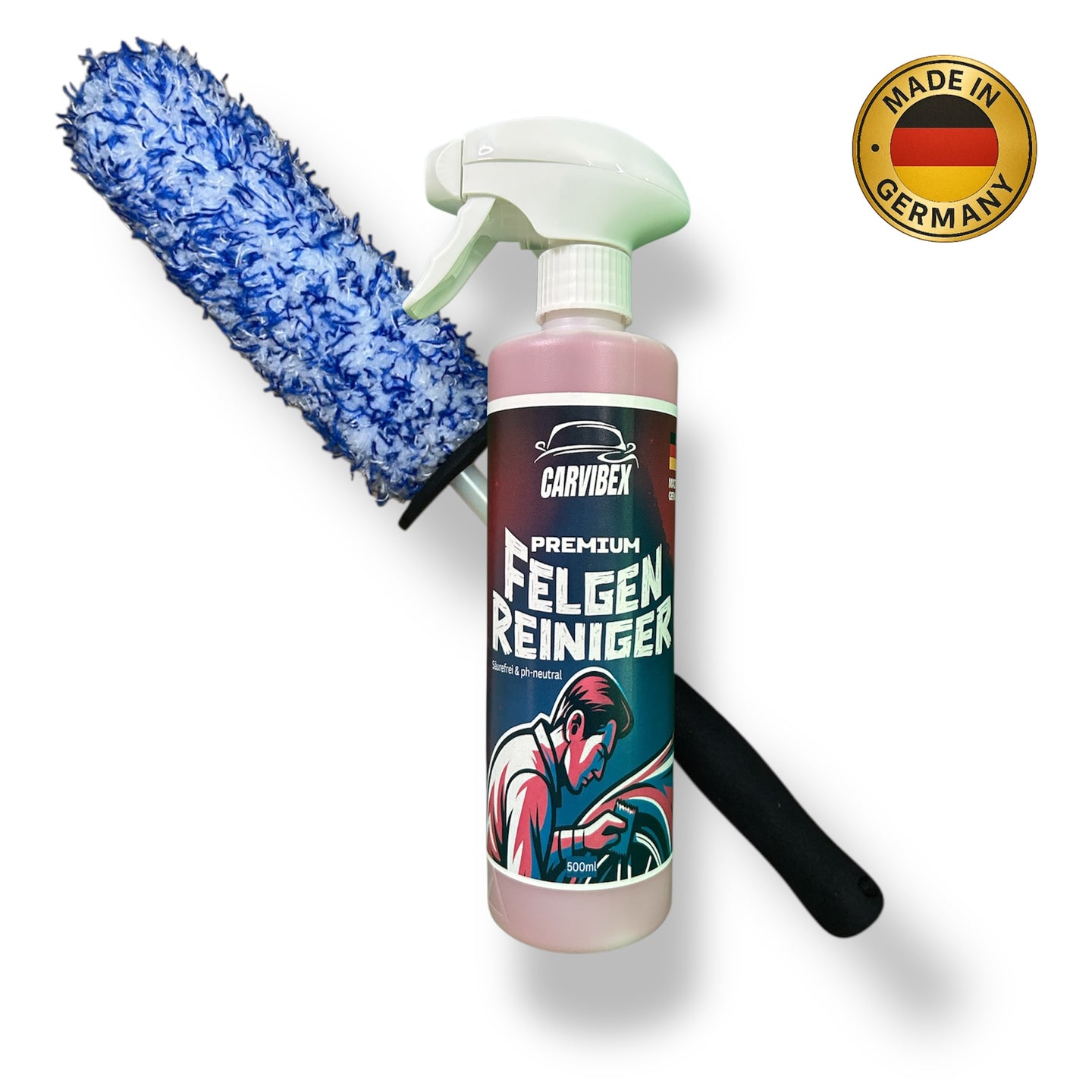 CarVibeX Felgenreiniger 500 ml mit blauer Premium-Felgenbürste – pH-neutral, säurefrei, Farbumschlag für gründliche und schonende Felgenreinigung