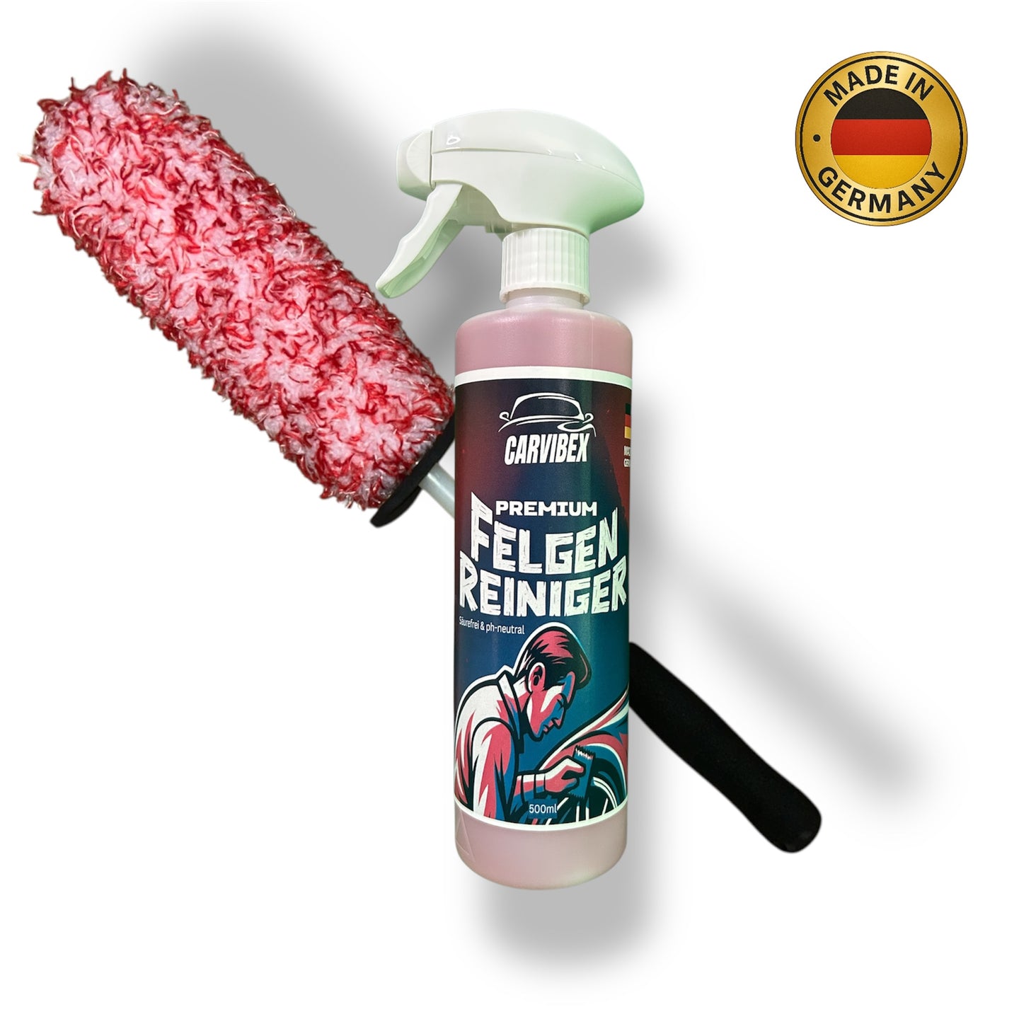 CarVibeX Felgenreiniger Set mit roter Felgenbürste – entfernt Bremsstaub und Schmutz sicher von allen Felgentypen