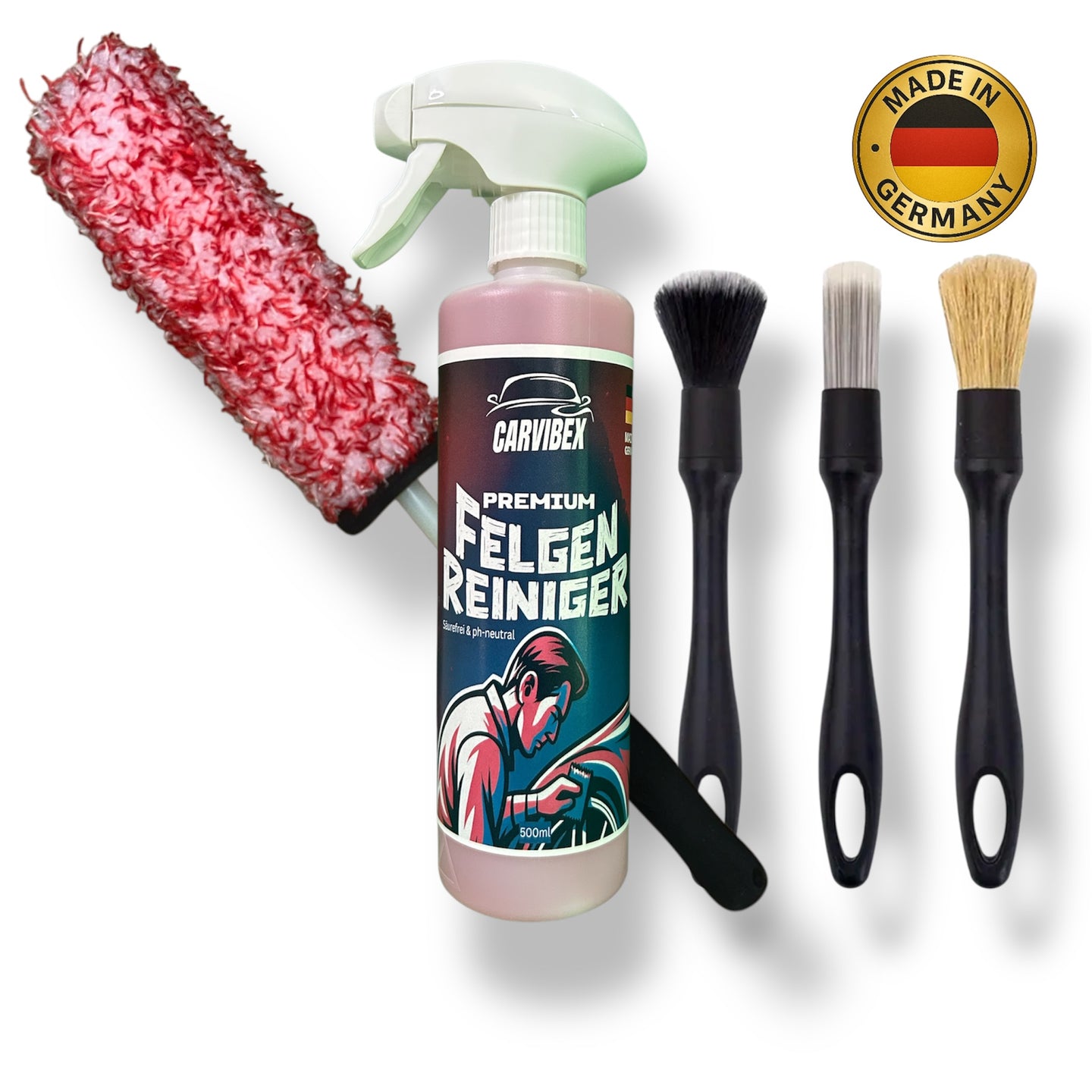 CarVibeX Felgenreiniger Set mit Felgenbürste, 3 Pinseln und säurefreiem Reiniger – sicher für alle Felgentypen