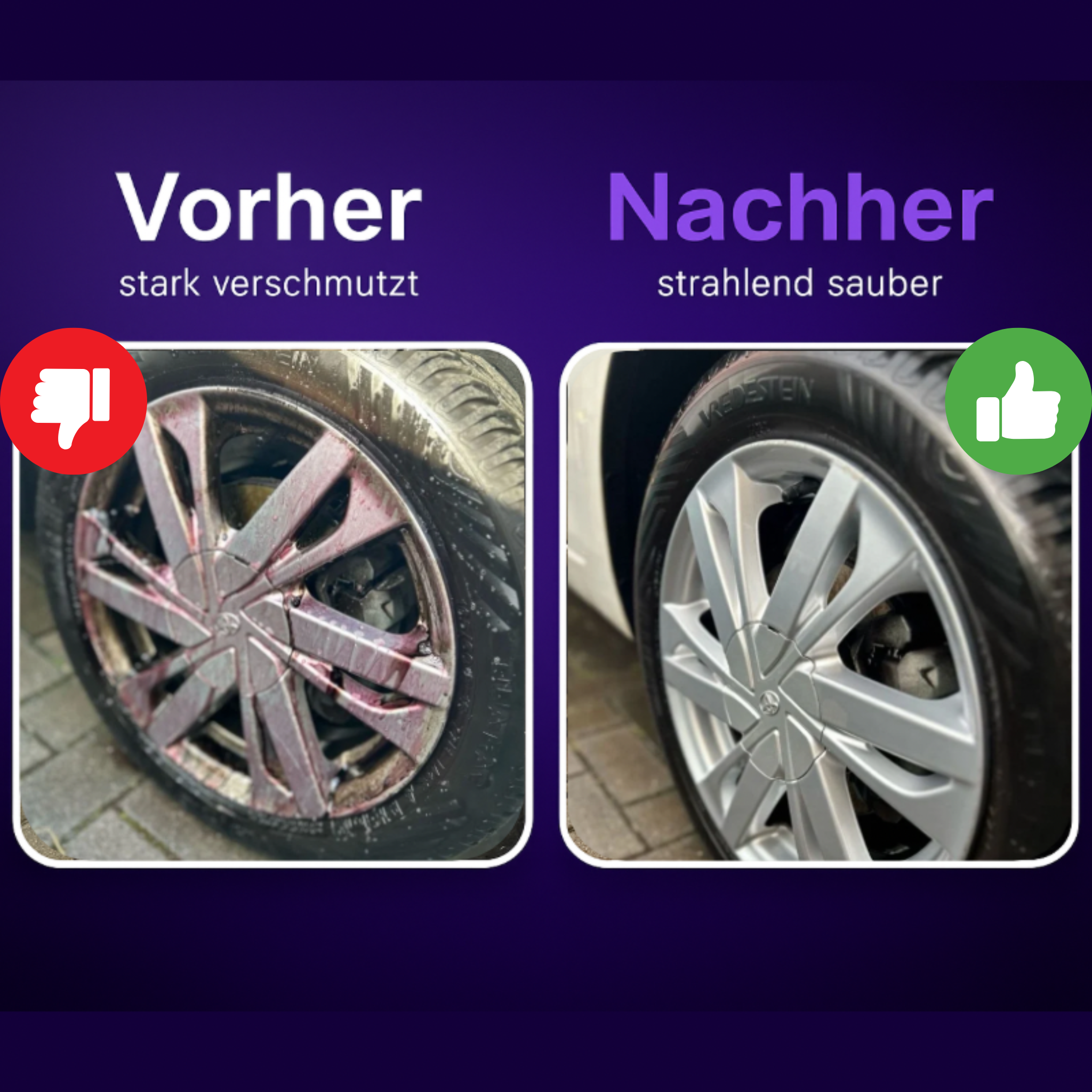 Vorher-Nachher Vergleich mit CarVibeX Felgenreiniger – stark verschmutzte Felge vs. saubere Felge