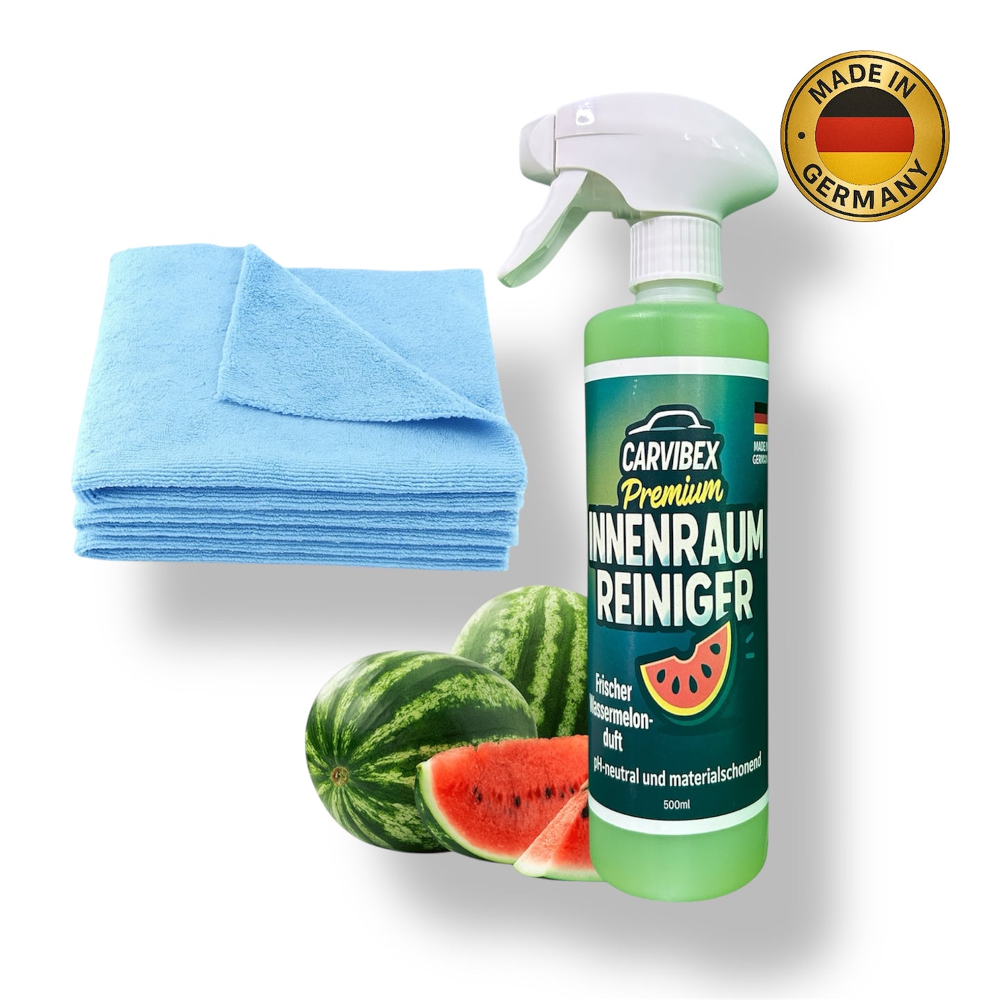 CarVibeX Innenraumreiniger 500 ml mit Wassermelonen-Duft und 3 blauen Mikrofasertüchern – pH-neutral, materialschonend, Made in Germany