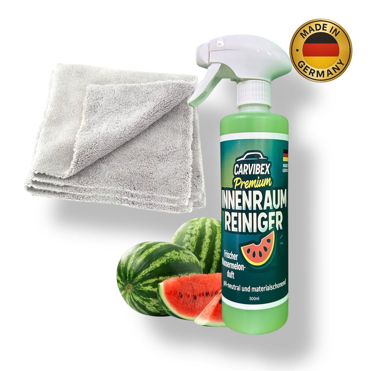 CarVibeX Innenraumreiniger 500 ml mit Wassermelonen-Duft und 3 grauen Mikrofasertüchern – pH-neutral, kratzfrei und materialschonend