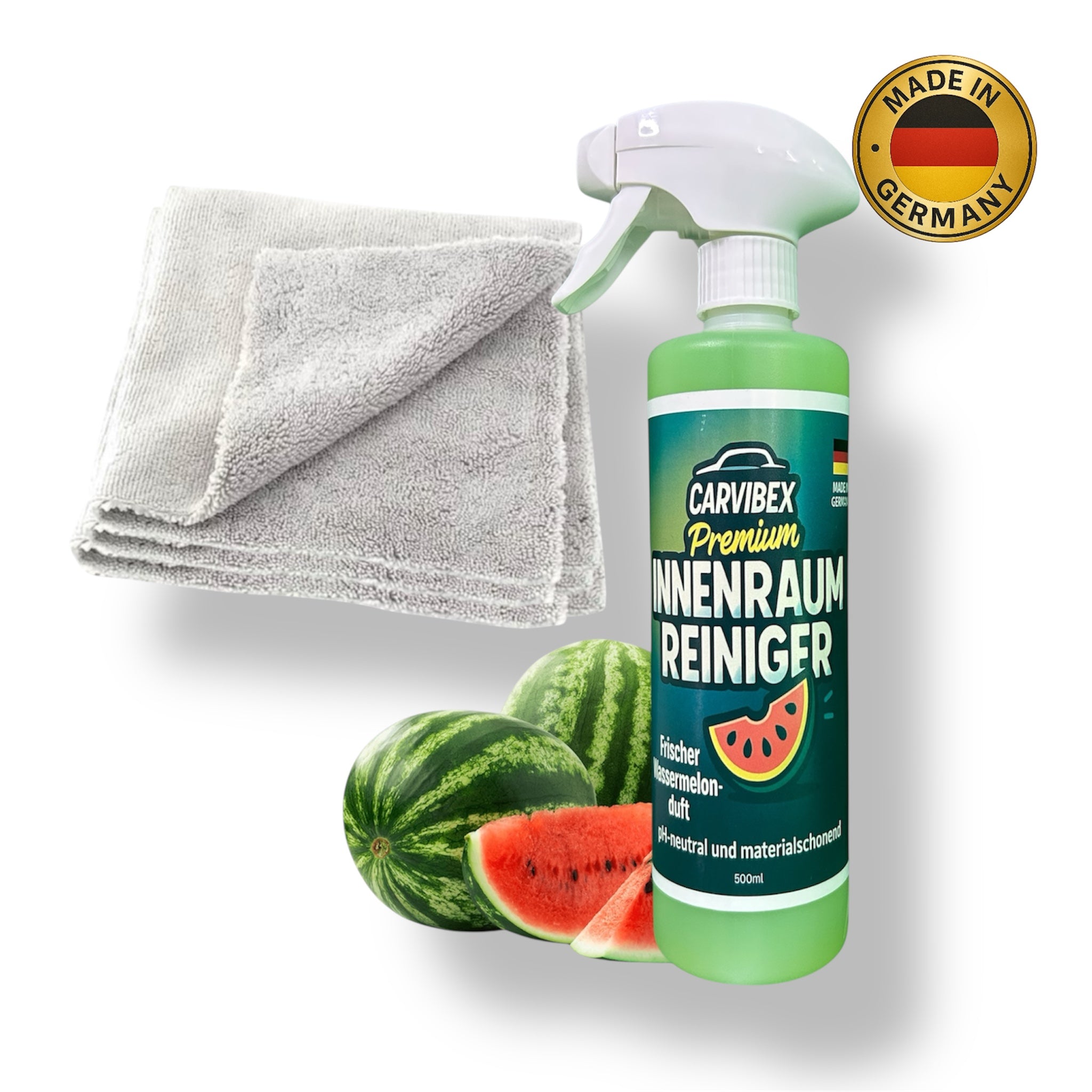 CarVibeX Innenraumreiniger 500 ml mit Wassermelonen-Duft und 3 grauen Mikrofasertüchern – pH-neutral, kratzfrei und materialschonend