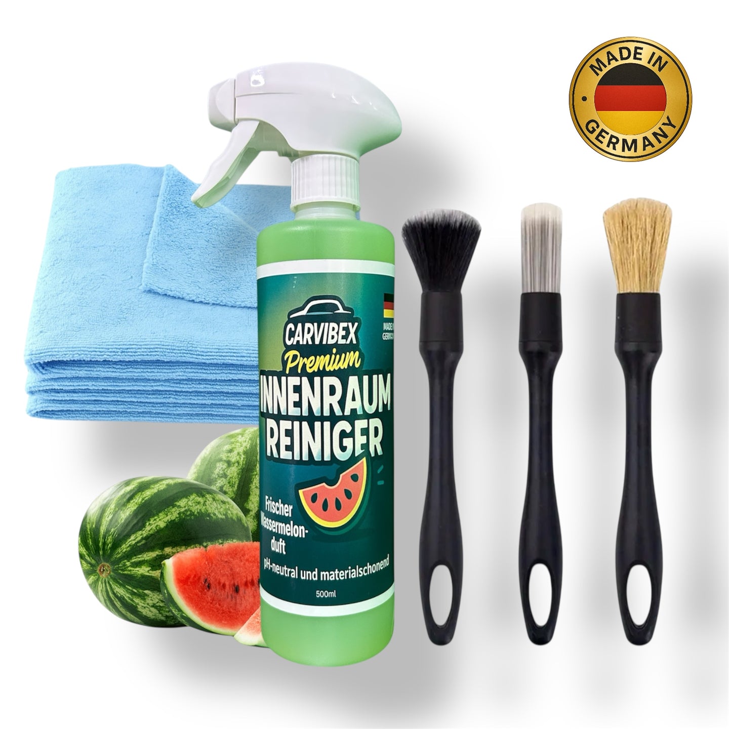 CarVibeX Innenraumreiniger Set – 500 ml Reiniger mit Wassermelonenduft, 3 Reinigungsbürsten und Mikrofasertüchern, Made in Germany