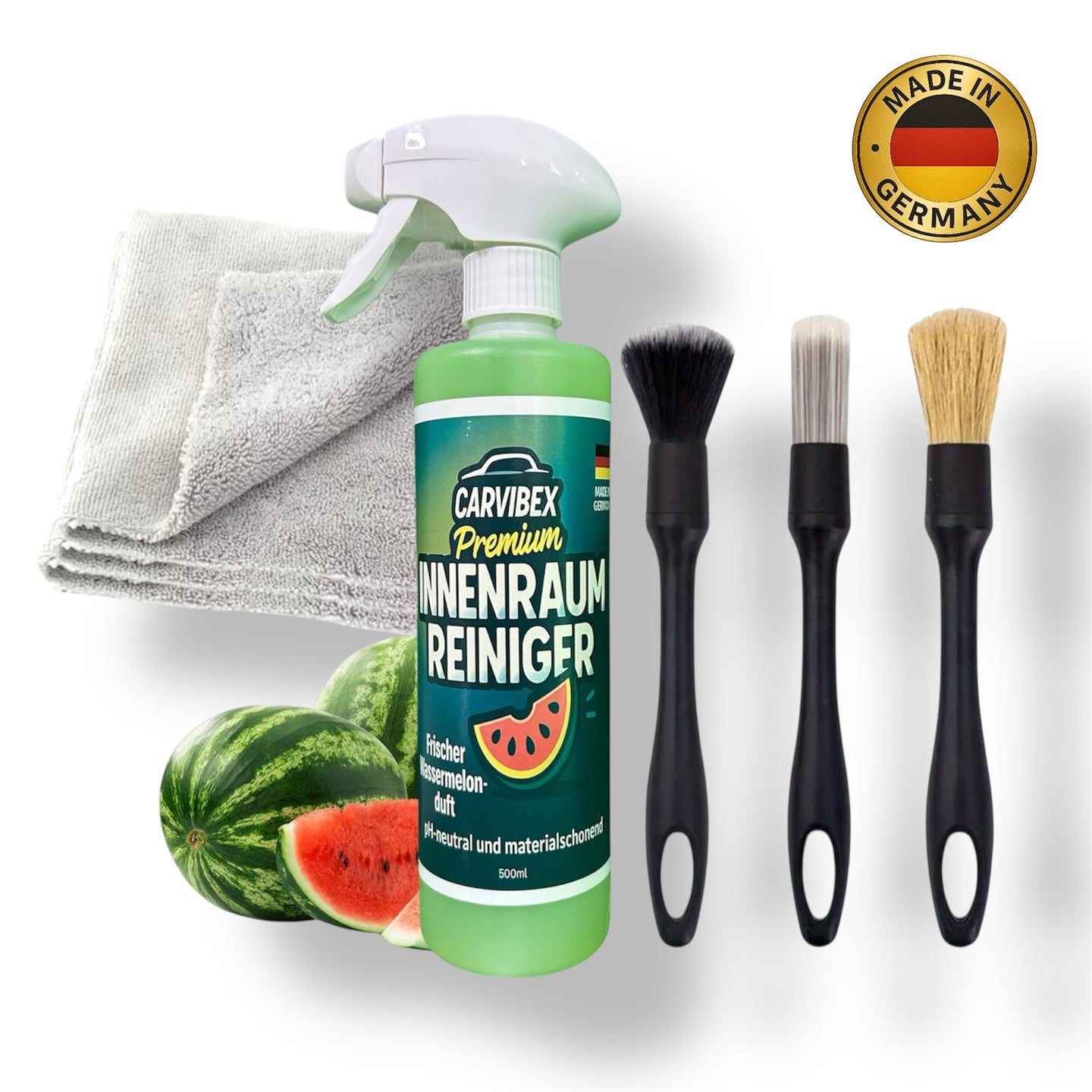 CarVibeX Innenraumreiniger Set – 500 ml Reiniger mit Wassermelonenduft, 3 Reinigungsbürsten und Mikrofasertüchern, Made in Germany