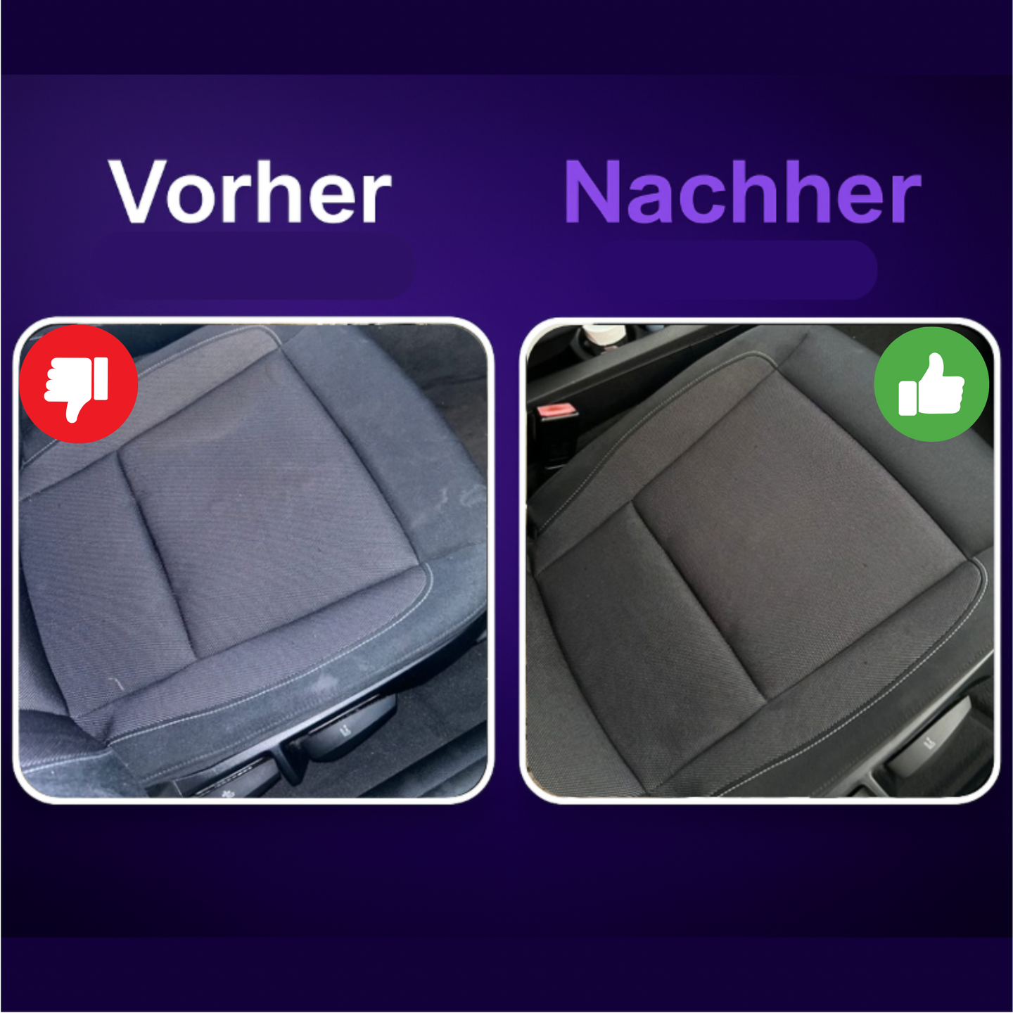 Vorher-Nachher Vergleich mit CarVibeX Innenraumreiniger – verschmutzter Autositz vs. saubere Oberfläche