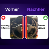 Vorher-Nachher Vergleich mit CarVibeX Innenraumreiniger – schmutziges Lenkrad vs. gründlich gereinigtes Lenkrad