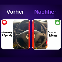 Vorher-Nachher Vergleich mit CarVibeX Innenraumreiniger – schmutziges Lenkrad vs. gründlich gereinigtes Lenkrad