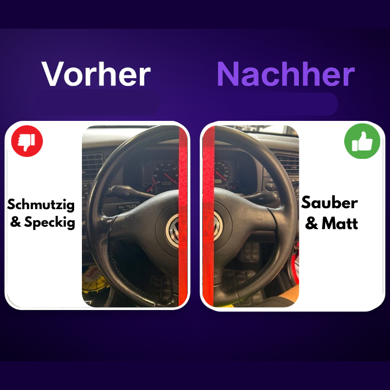 Vorher-Nachher Vergleich mit CarVibeX Innenraumreiniger – schmutziges Lenkrad vs. gründlich gereinigtes Lenkrad