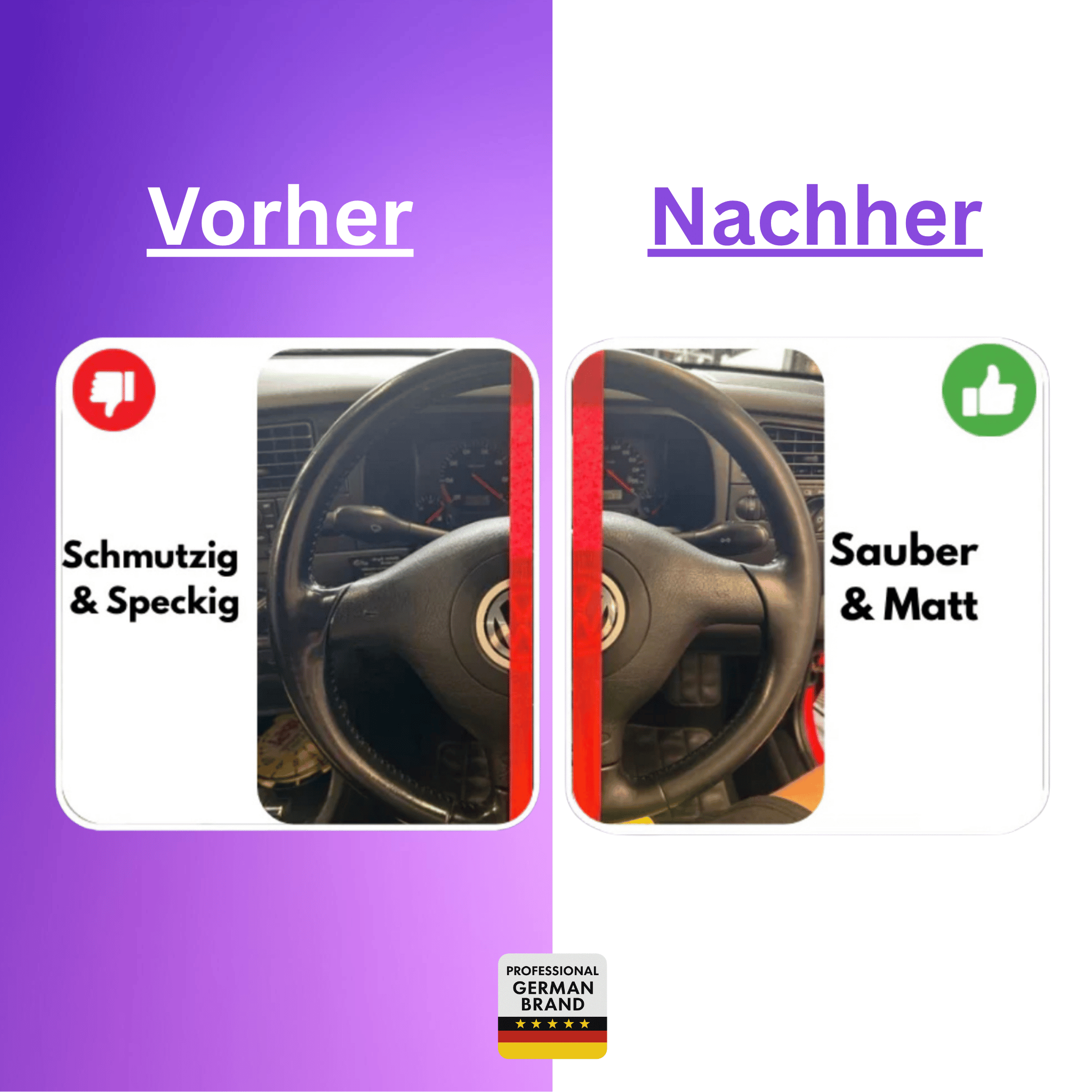 vorher/nachher Effekt beim Lenkrad nach Anwendung des carvibex innenraumreinigers